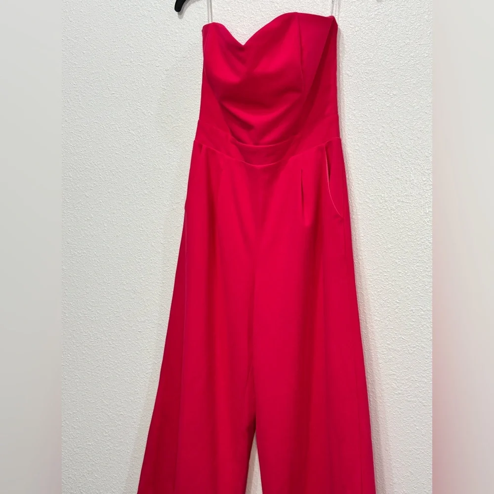 Lulu's Sexy Salmon Pink Red Strapless Jumpsuit Medium Wide Leg Cropped Womens - Picture 4 of 10